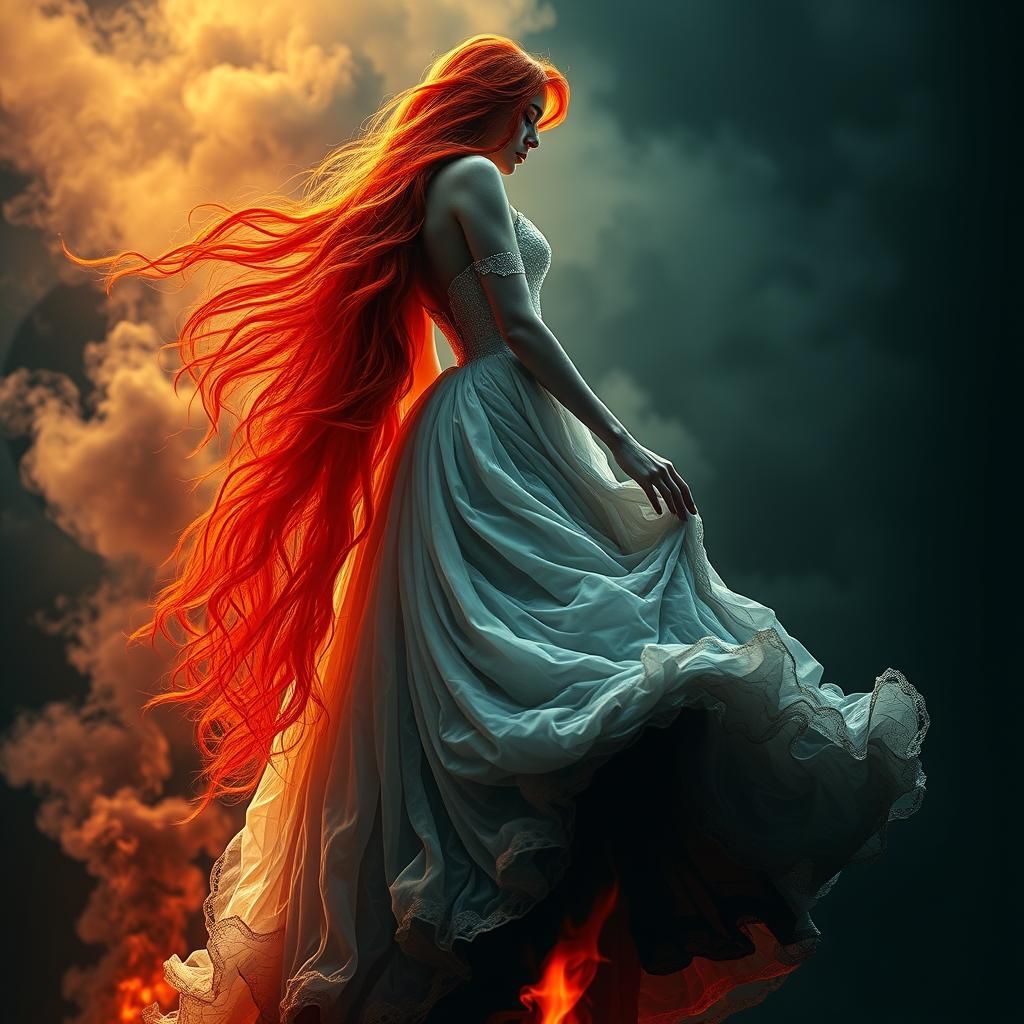 Ethereal Woman's Ascent: A Dark Surrealist Vision