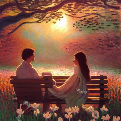 A serene moment in the park at sunset, with two people in love on a bench, gazing at each other with a deep sense of pea...