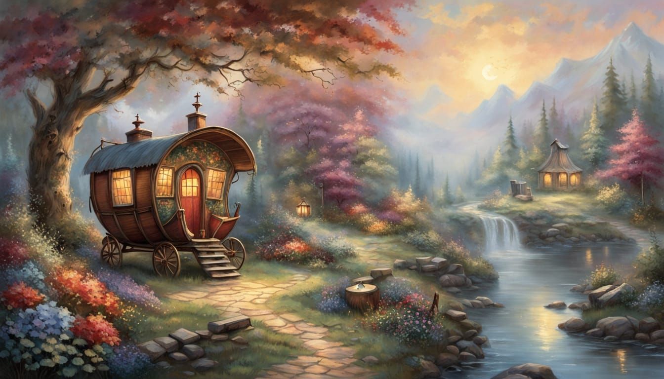 Old Gypsy Caravan in Sun-Dappled Meadow