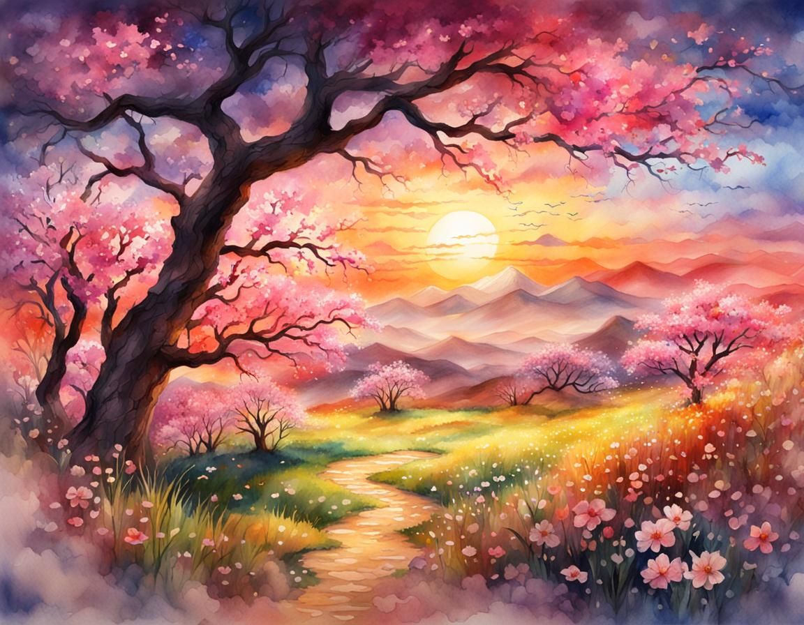 Vivid Sakura Sunset Landscape in Watercolor