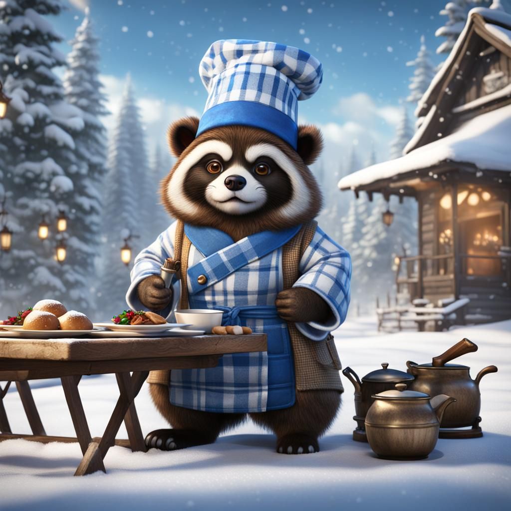 Tanuki Chef in Plaid Dining in the Snow