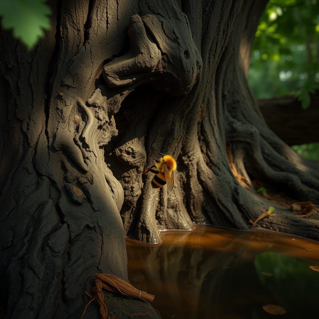 Bumble Bee Carving an Oak Tree: Digital Art
