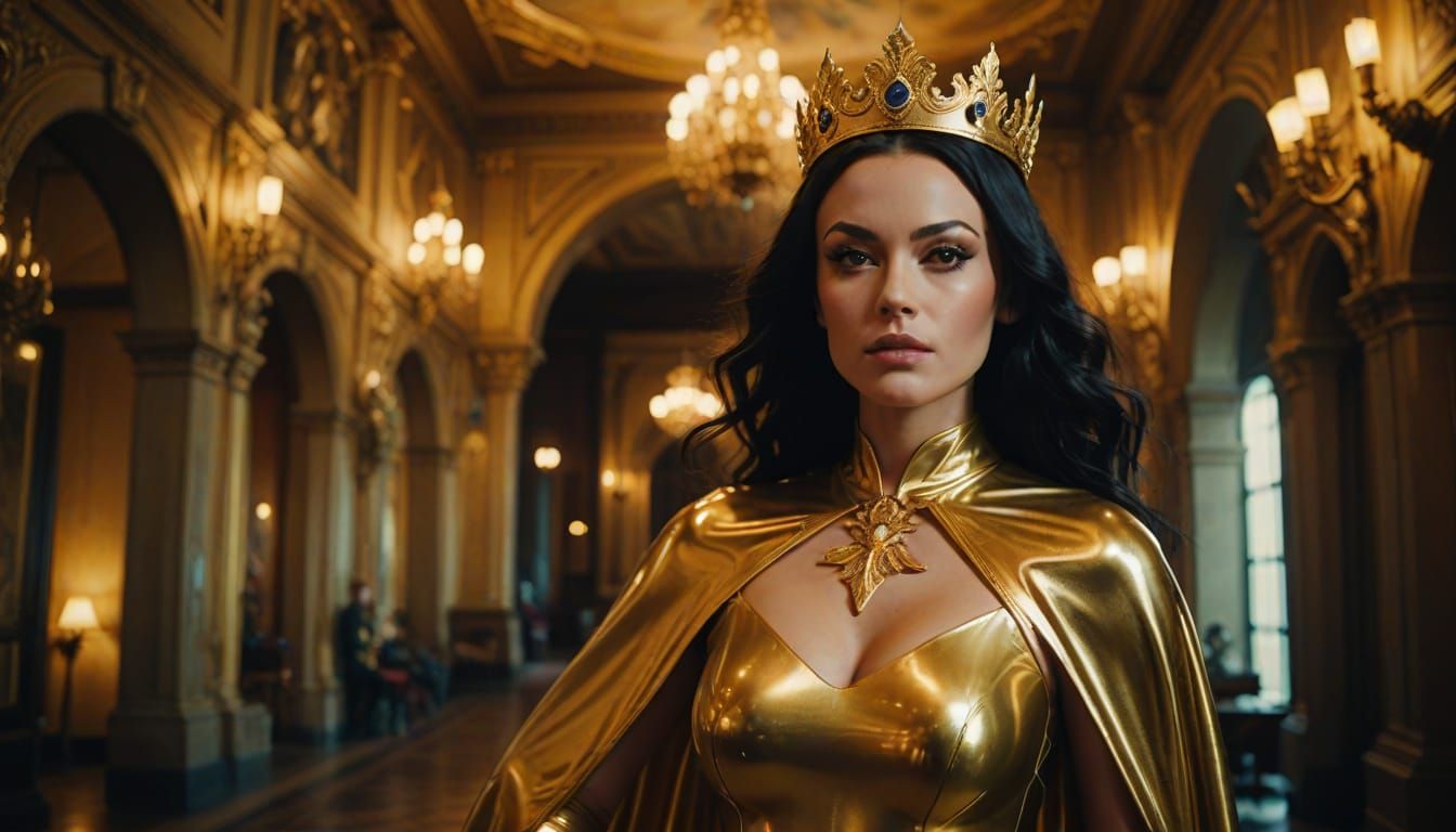 Elegant Goddess in Golden Latex and Cape