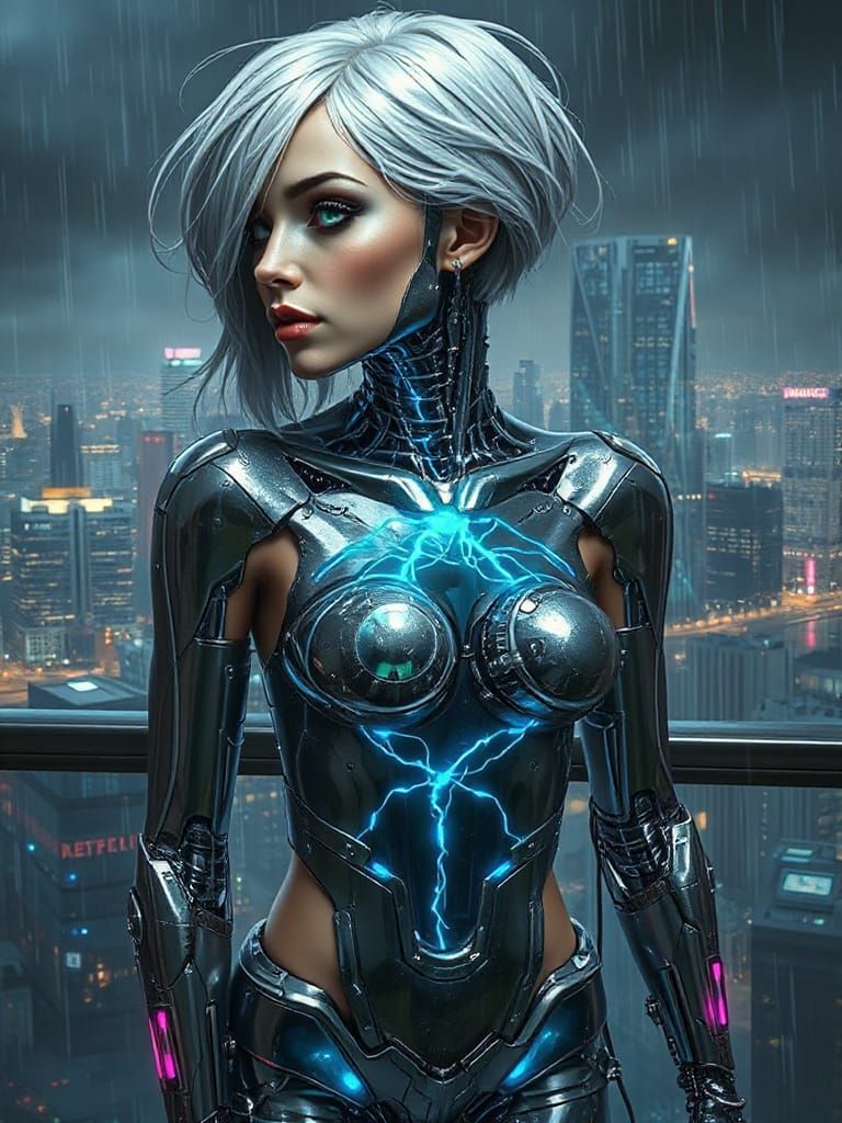 Cybernetic Woman with Chrome Exoskeleton, Digital Painting
