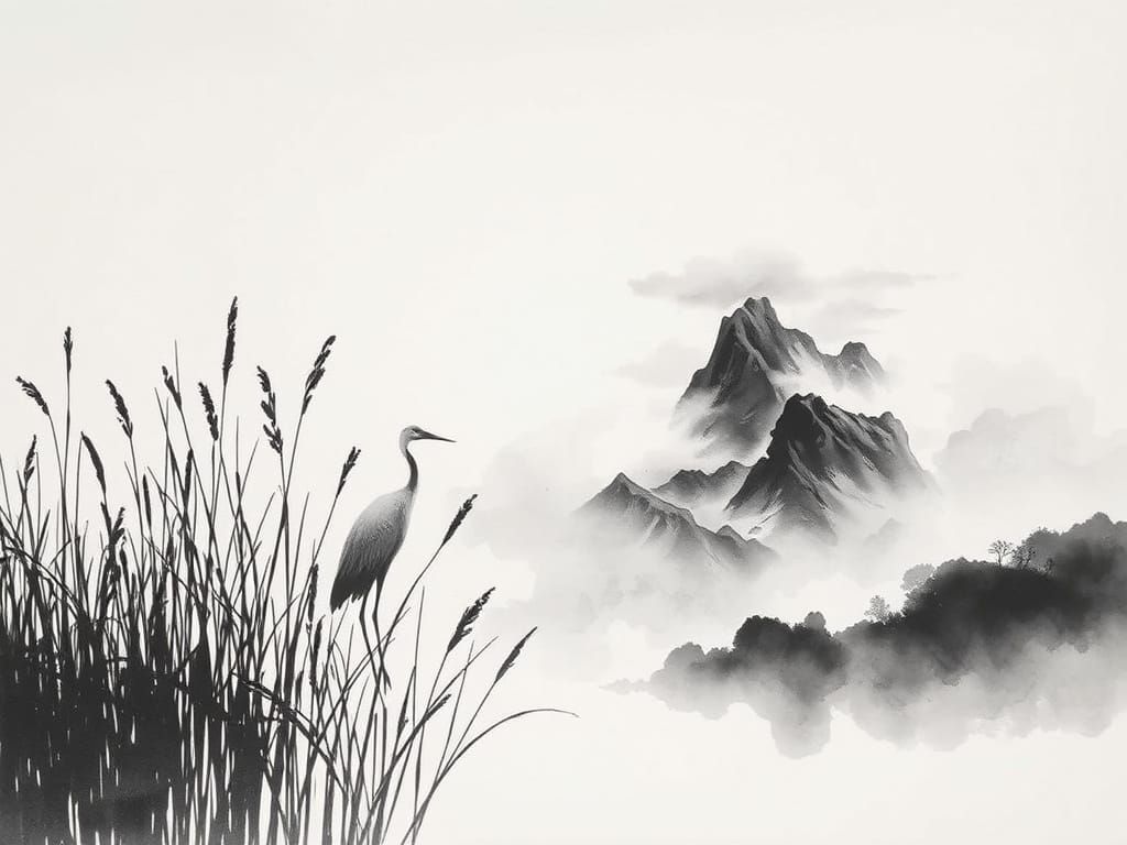 Solitary Crane in Misty Mountain Landscape, Ink Wash Art