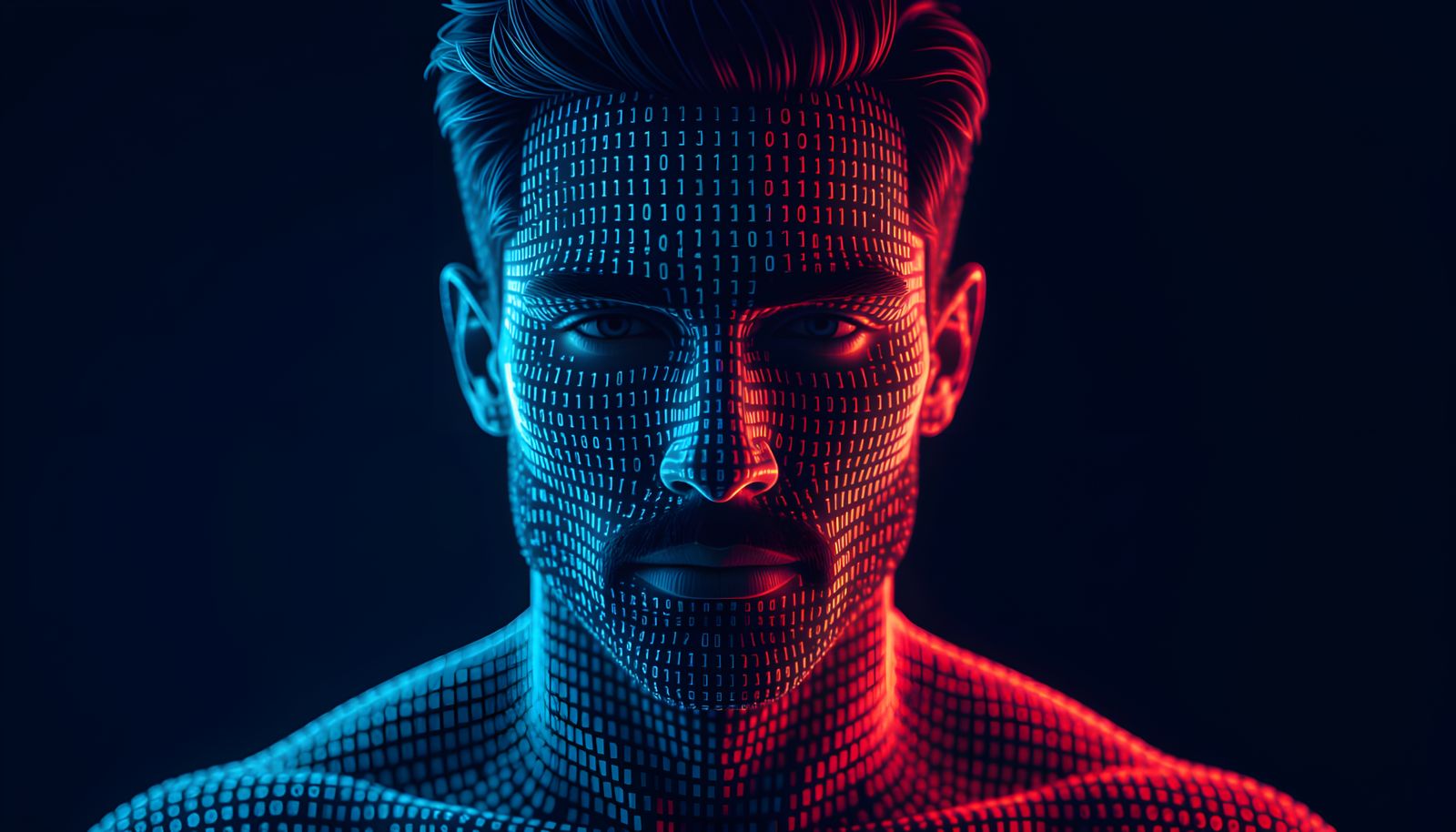 Digital Man Composed of Code: 1s and 0s