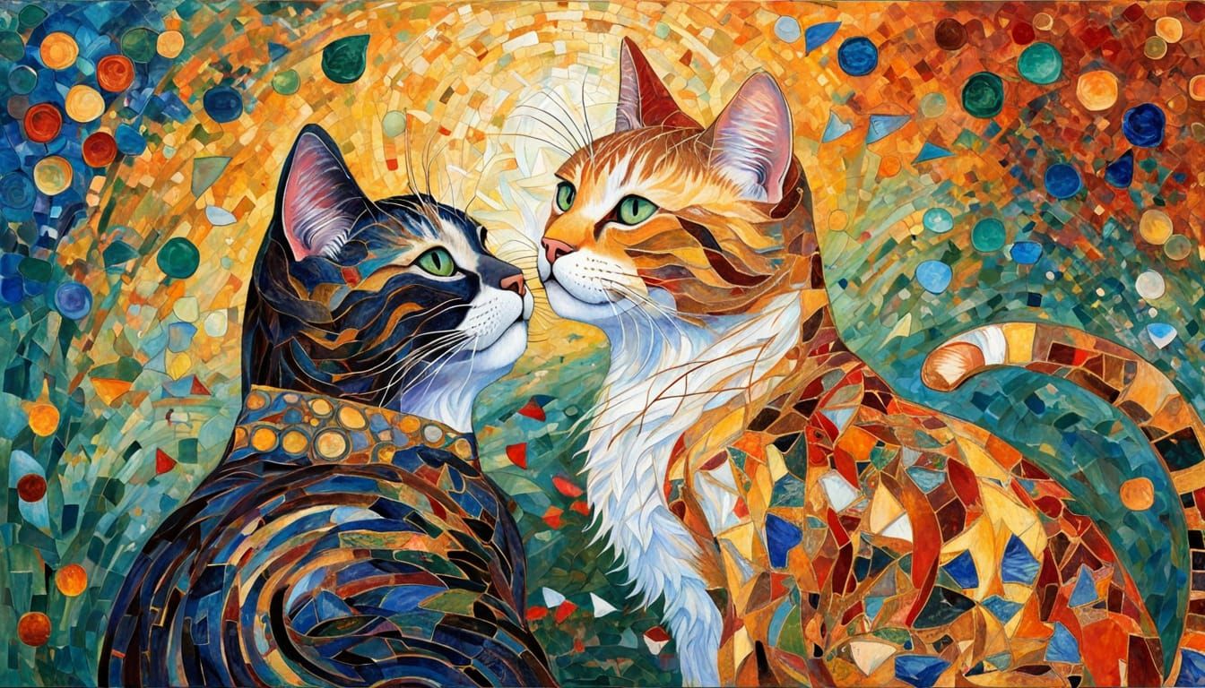 Cats Kissing in Klimt-Inspired Impasto Mosaic Style