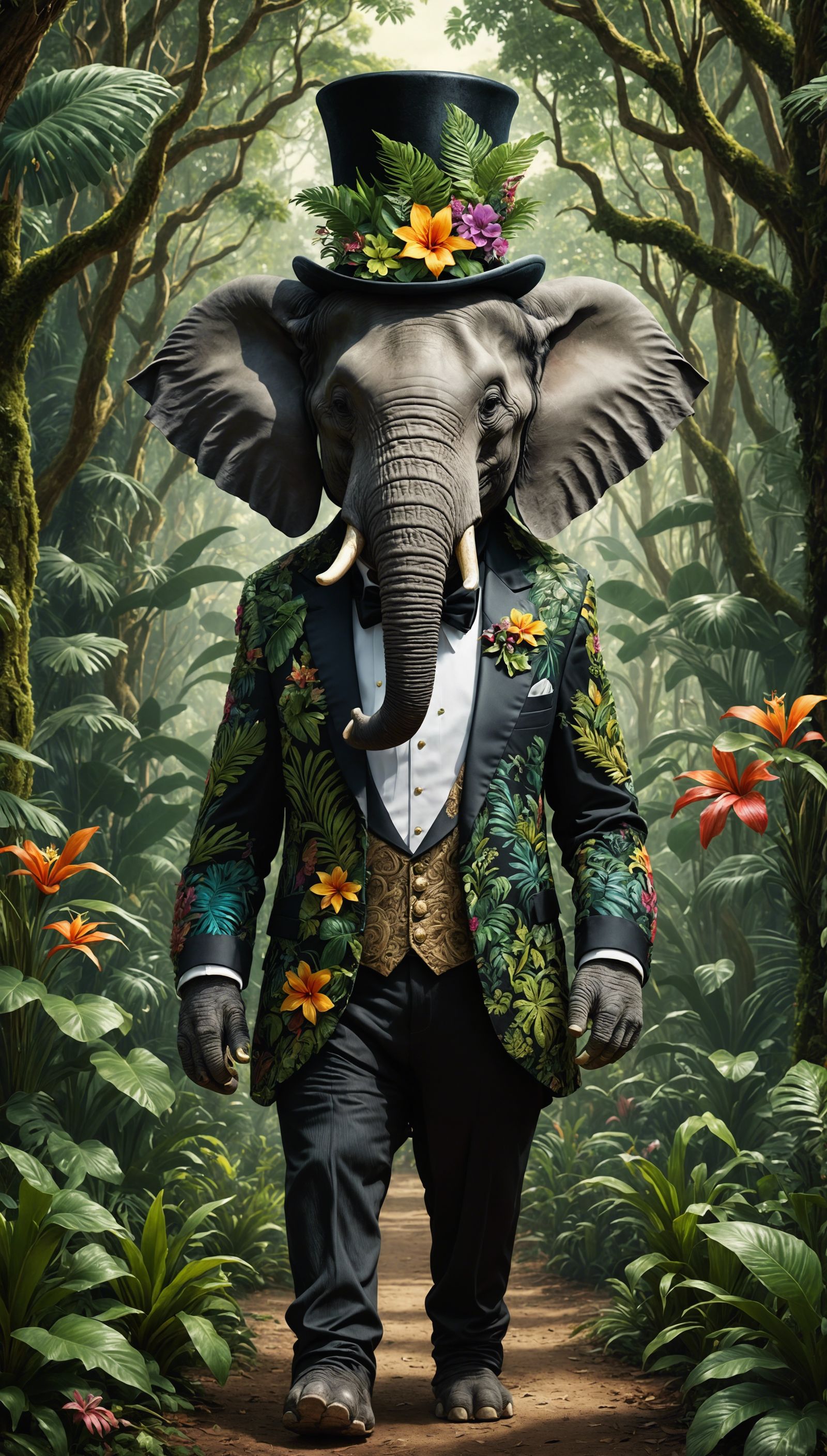 Elephant in Tuxedo: Detailed 3D Render in Forest