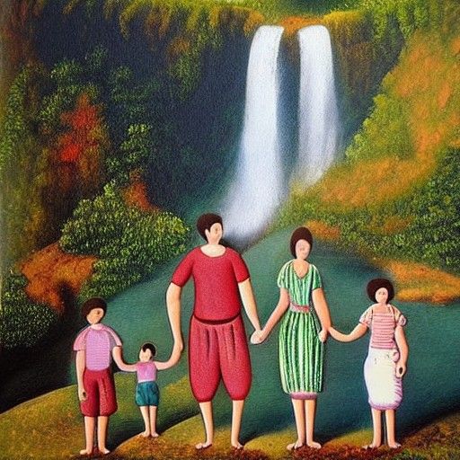 Family at Waterfall in Folk Art Style
