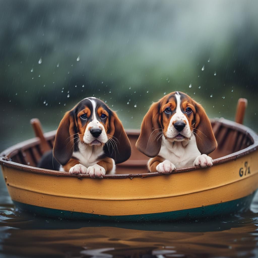 Puppy Basset Hound in Boat During Rain