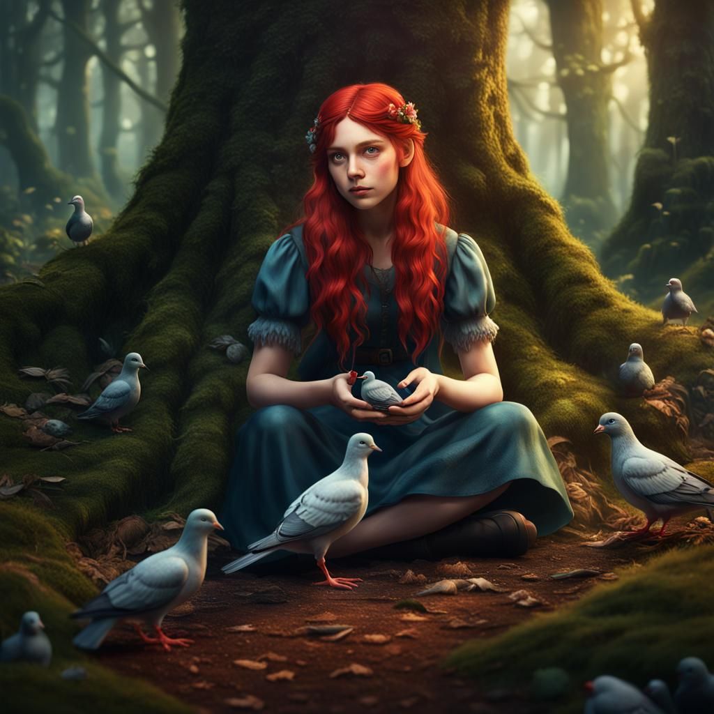 Girl with Pigeon in Fairy Forest: Fantasy Concept Art