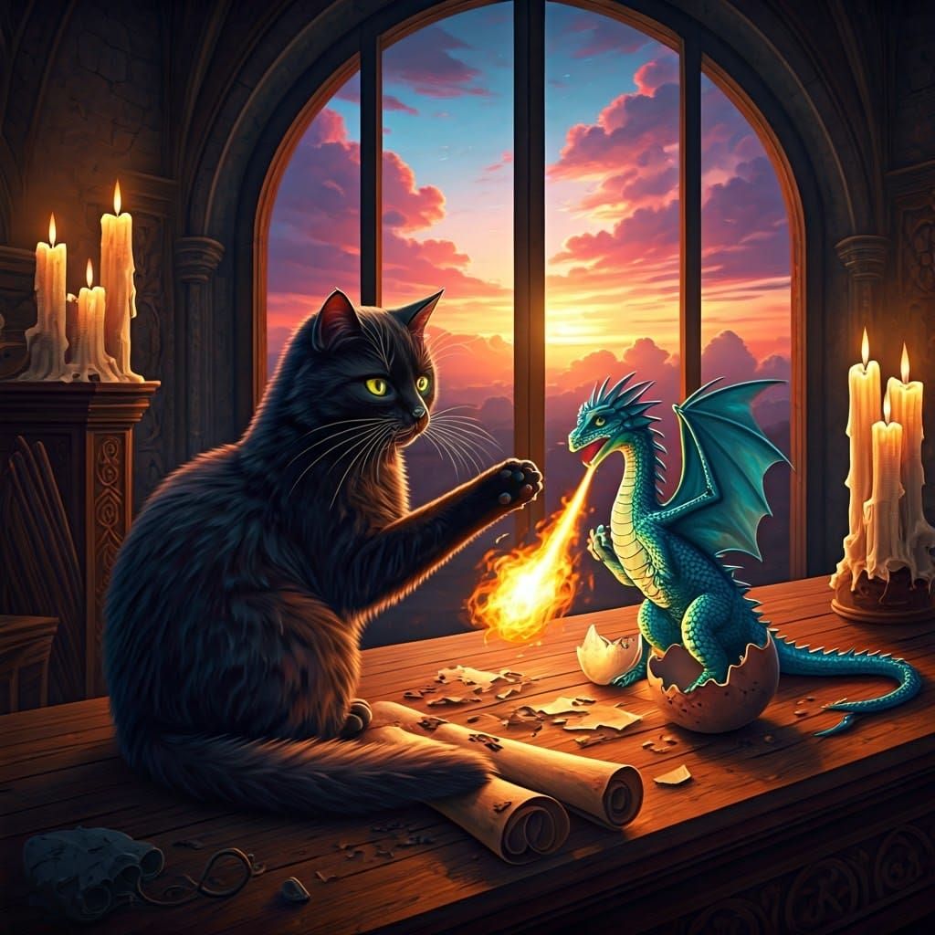 Black Cat and Dragon in Ornate Castle Room
