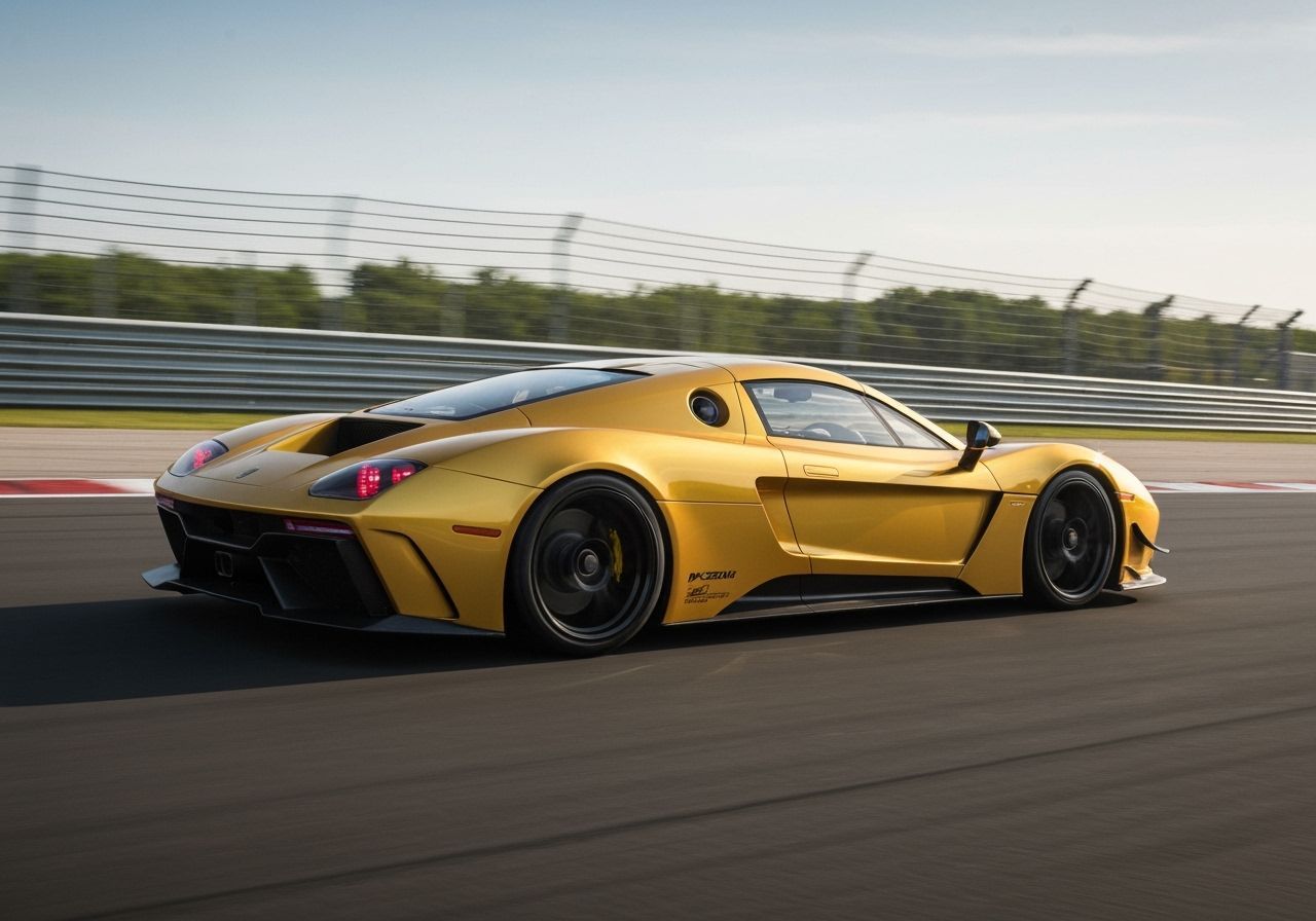 Golden Supercar Speeds Down Racetrack in Dramatic Lighting