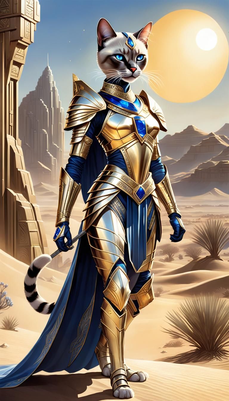 Art Deco Siamese Cat Warrior Queen in Armor