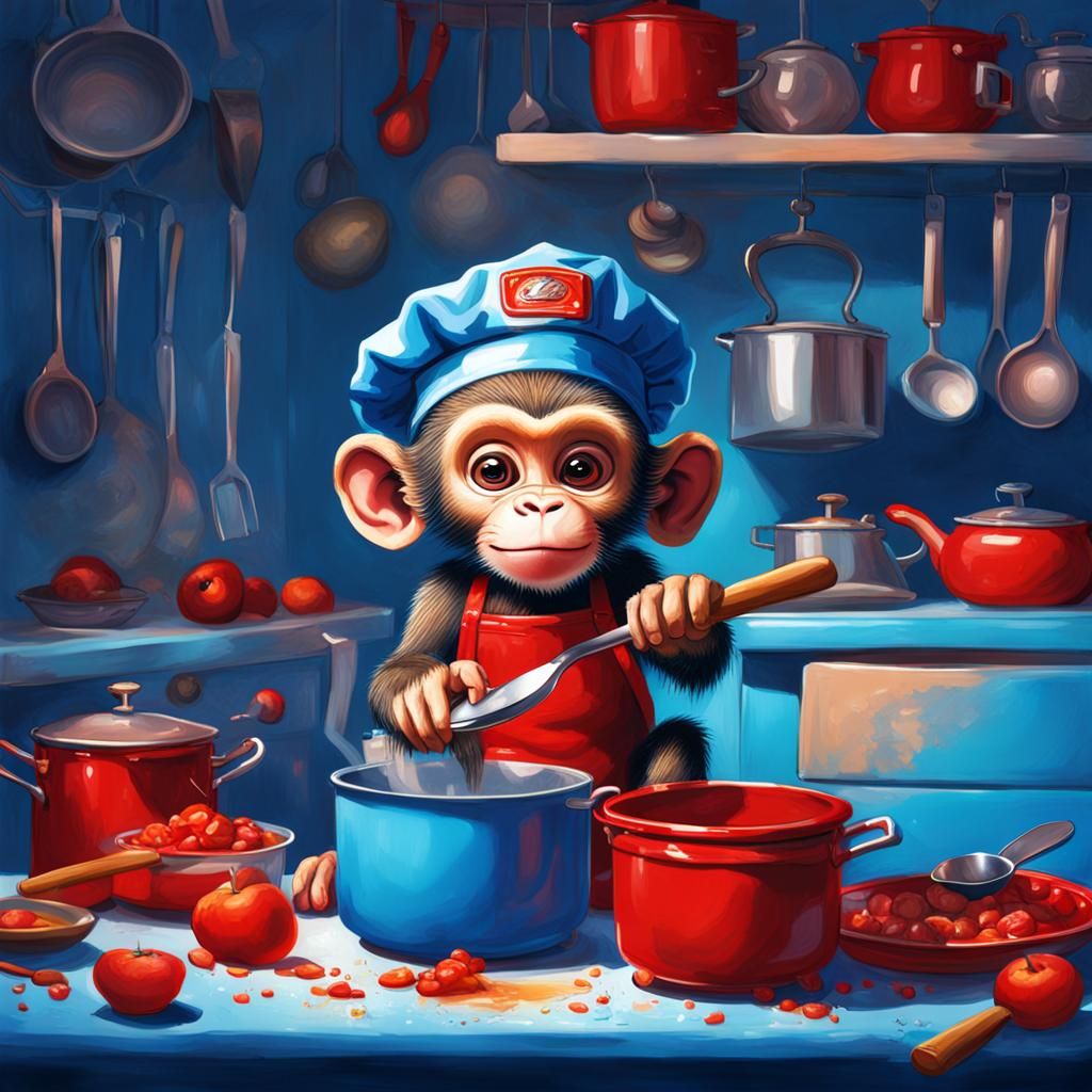Hyperrealistic Baby Monkey Cooking in Colorful Kitchen