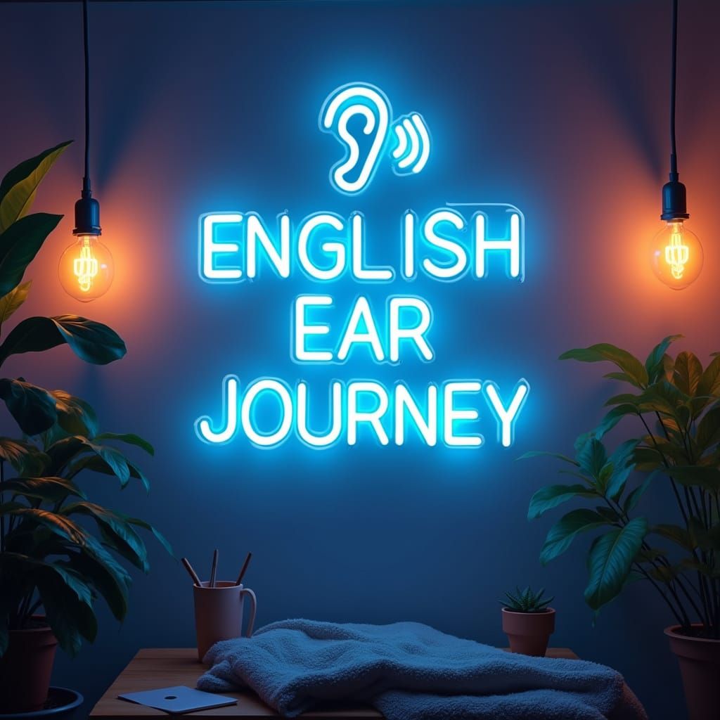 Neon English Ear Journey Sign with Podcast Studio Ambiance