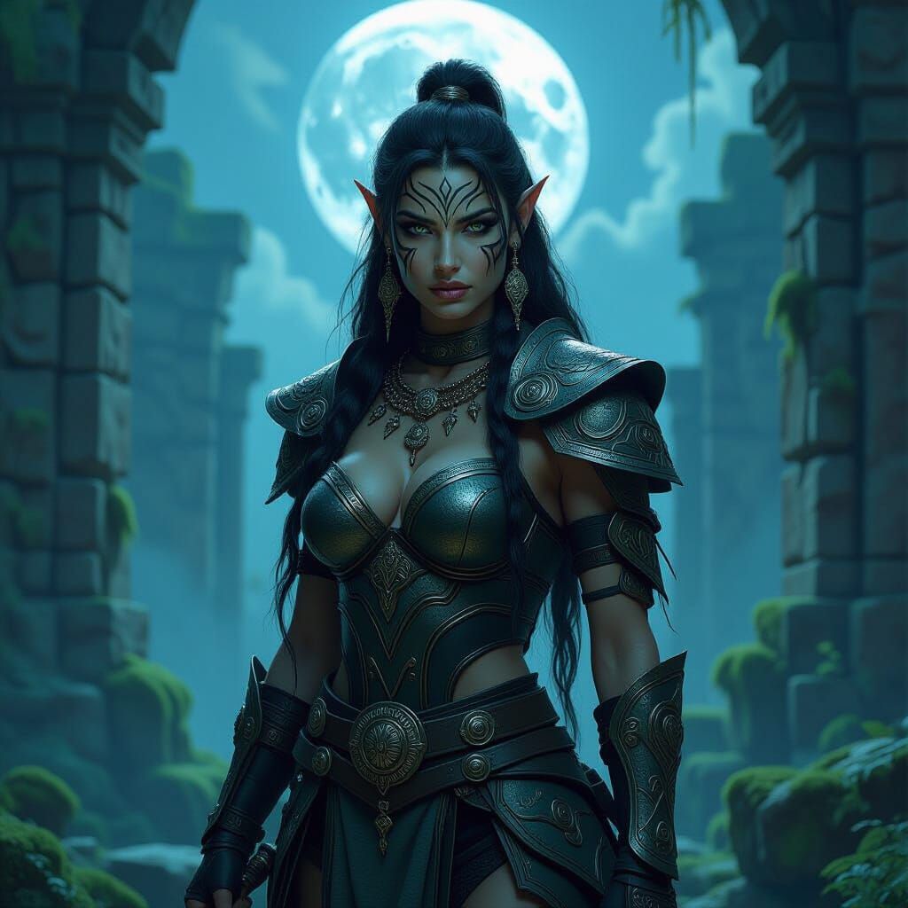 Half-Orc Warrior in Moonlit Ruins: Fantasy Art