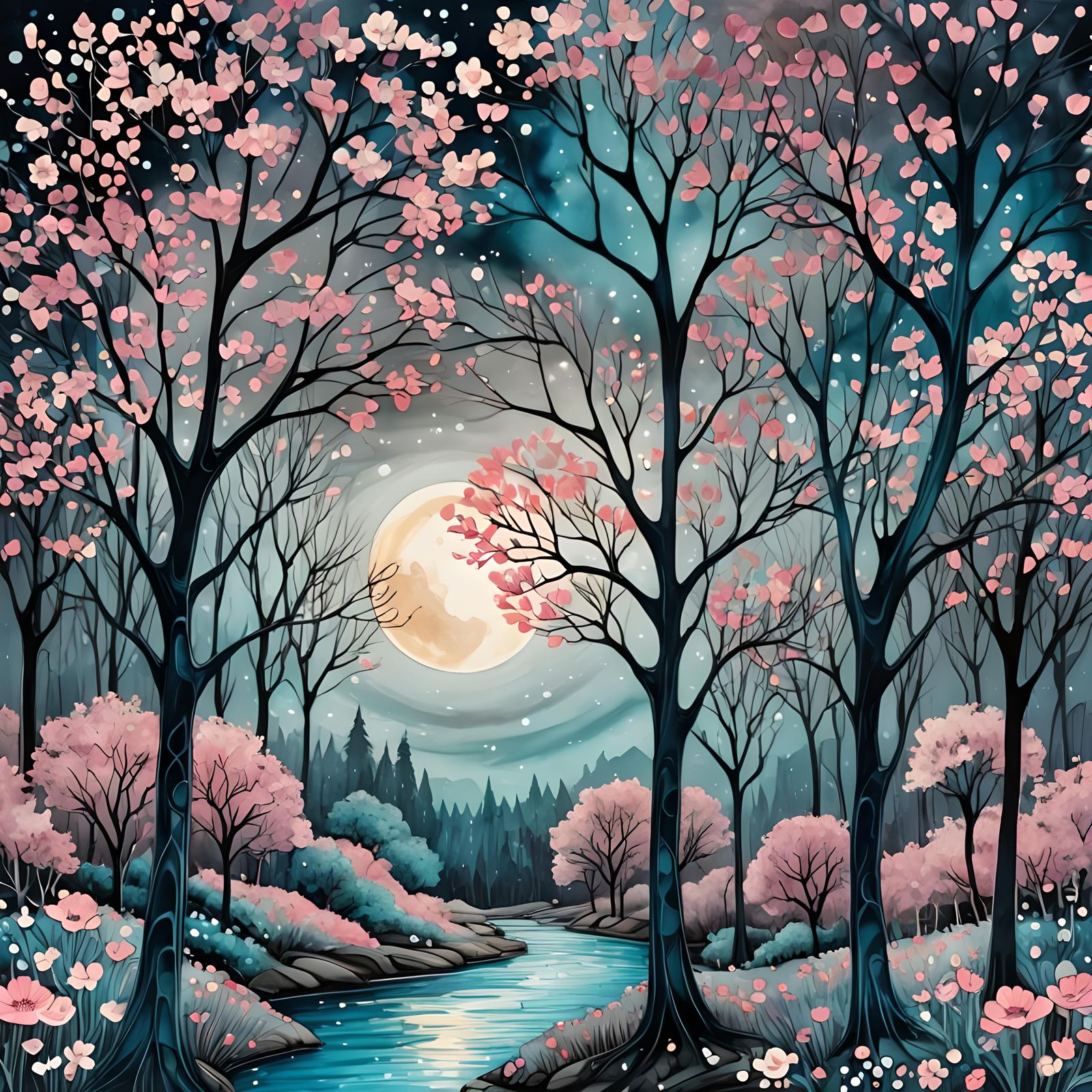 Moonlit Arabesque Forest in Impasto Alcohol Ink