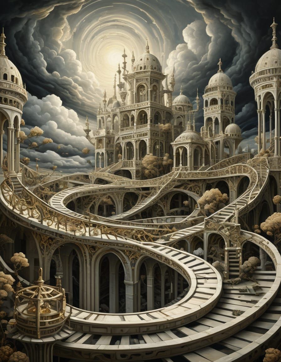 Impossible Escher Structure in Whimsical Bosch Style