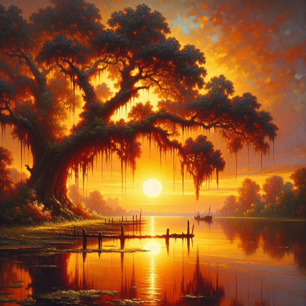 Breathtaking Sunset Landscape with Majestic Tree and Tranqui...