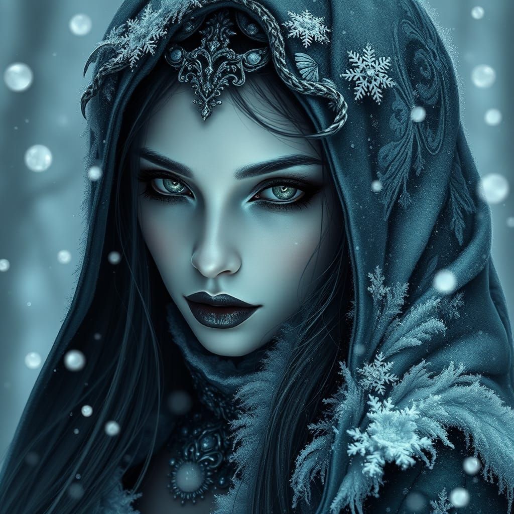 Elegant Frost Queen in Gothic Snowscape