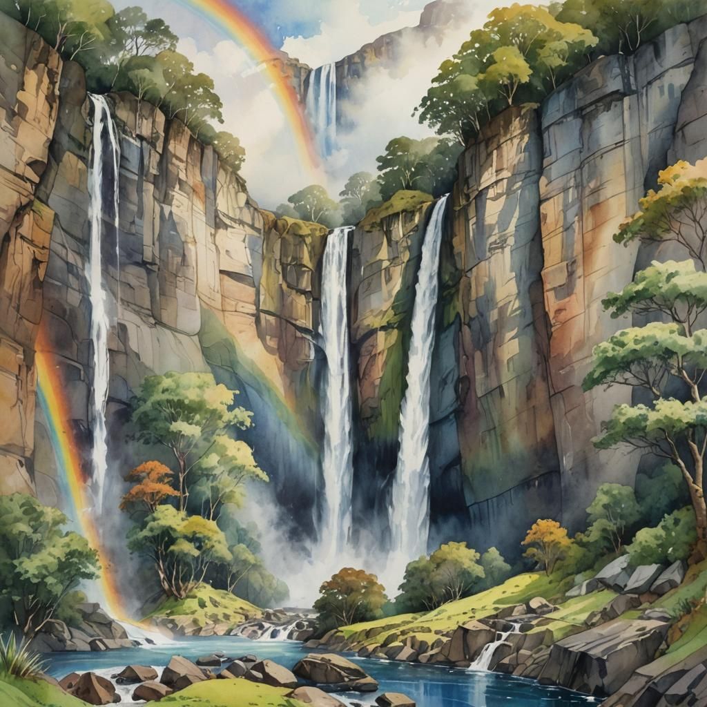 Watercolor Waterfall in Deep Valley with Rainbow