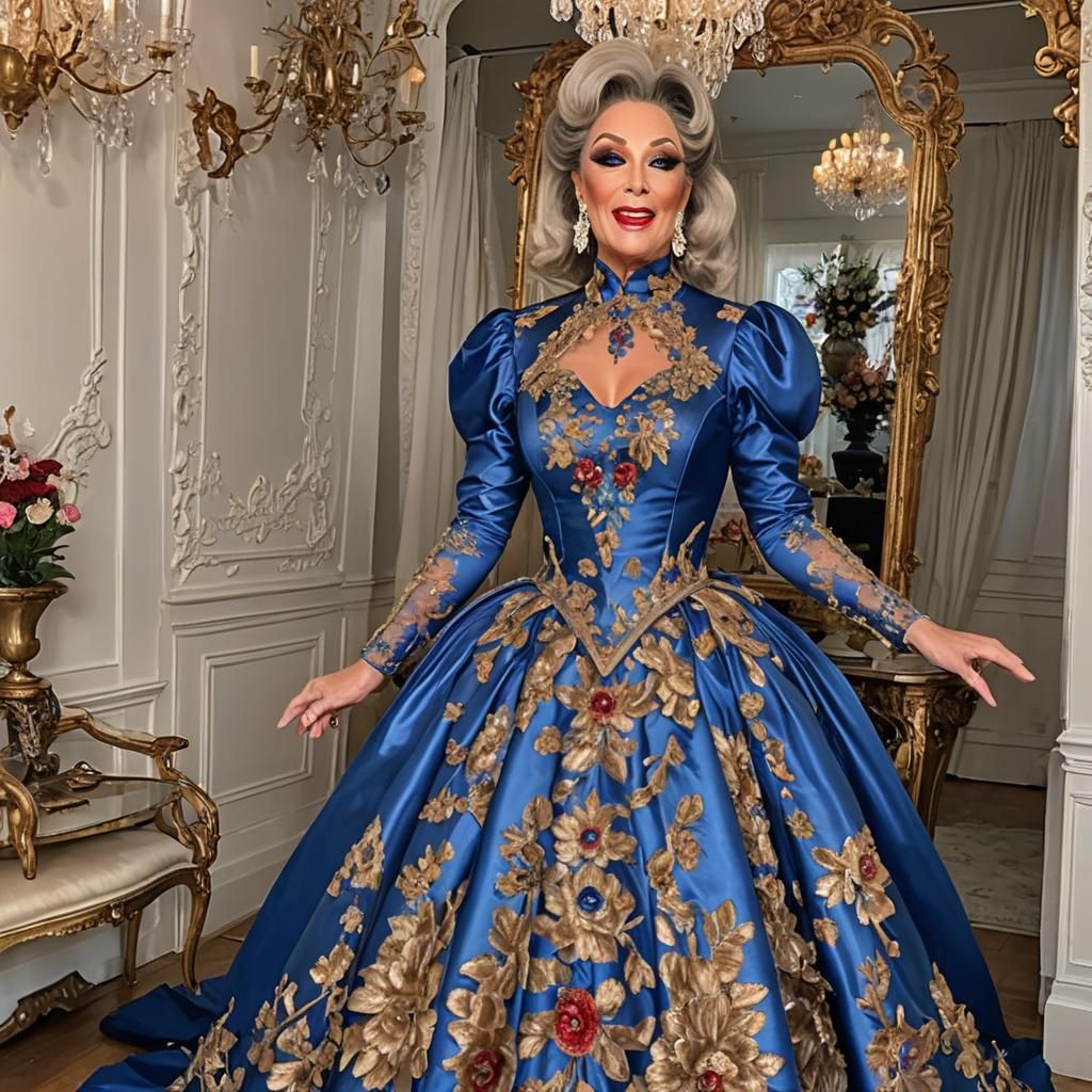 Drag Queen in Satin Gown and Extravagant Skirt