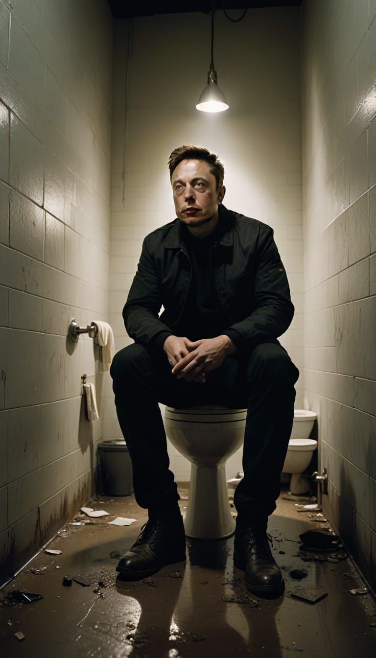 Cinematic Film Still of Elon Musk in a Grimy Public Toilet