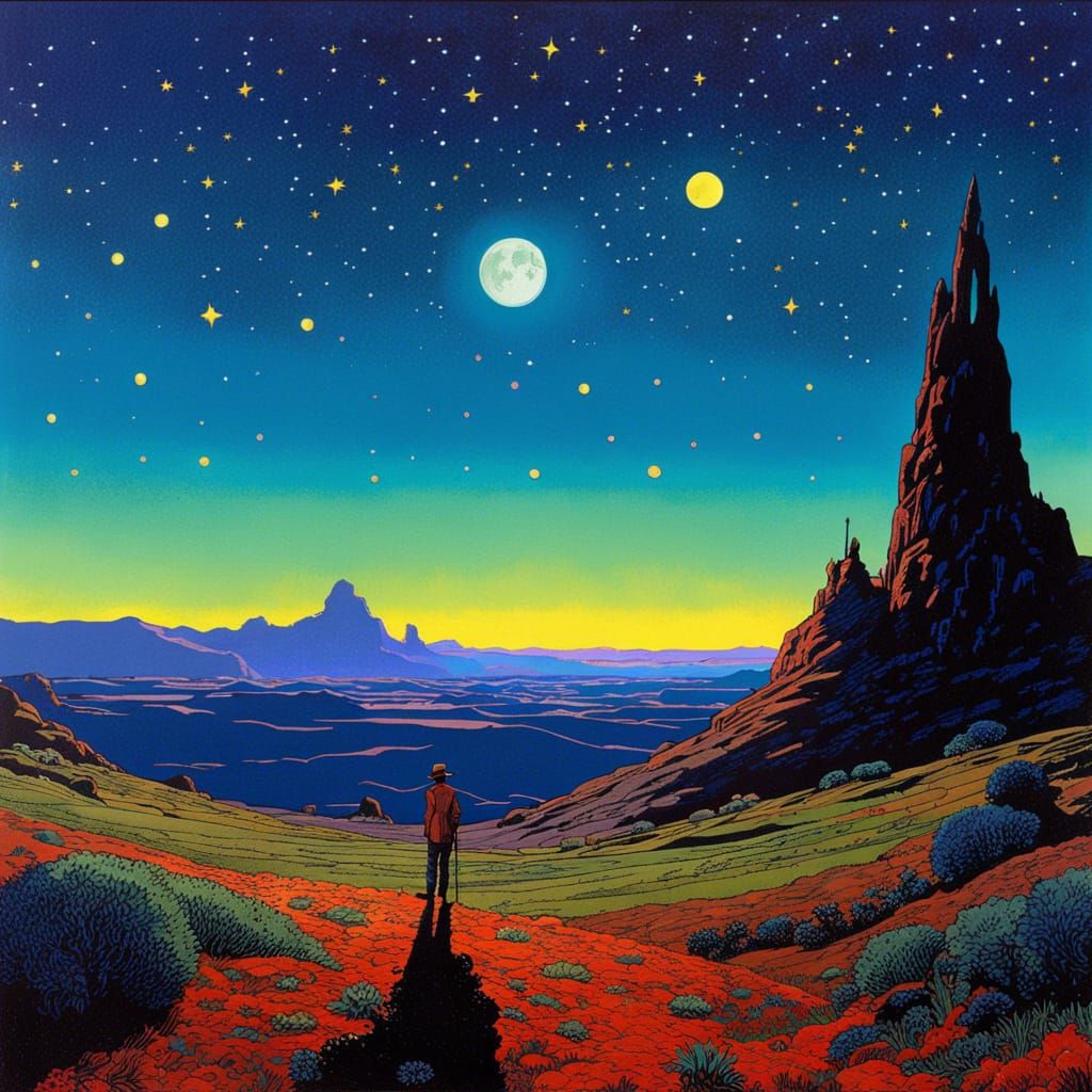 Starry Night Landscape in Moebius Style