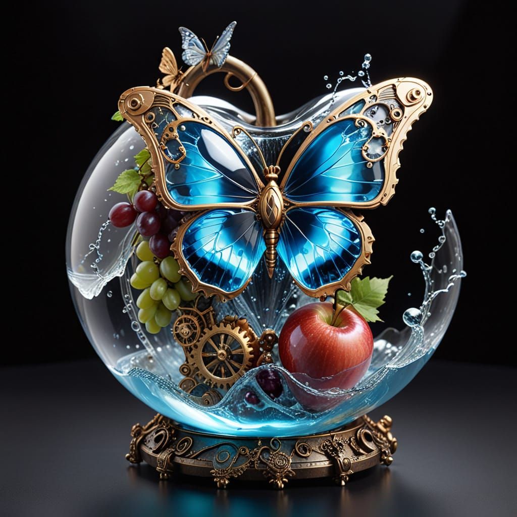 Steampunk Apple in Crystal Glass with Clockwork Waterfall