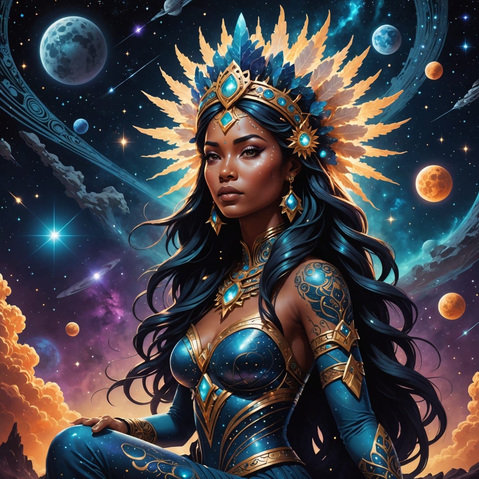 Celestial Goddess on Asteroid Throne in Art Nouveau Style