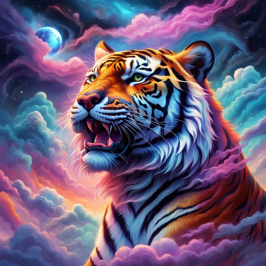 Surreal Cosmic Tiger Portrait in Dreamlike Colors