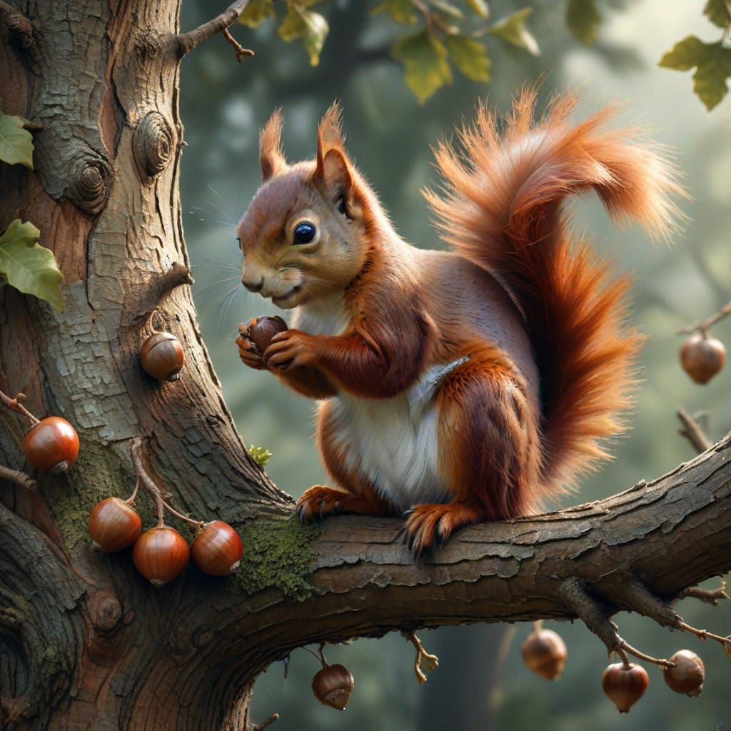 Red Squirrel Nibbling Acorn in Watercolour