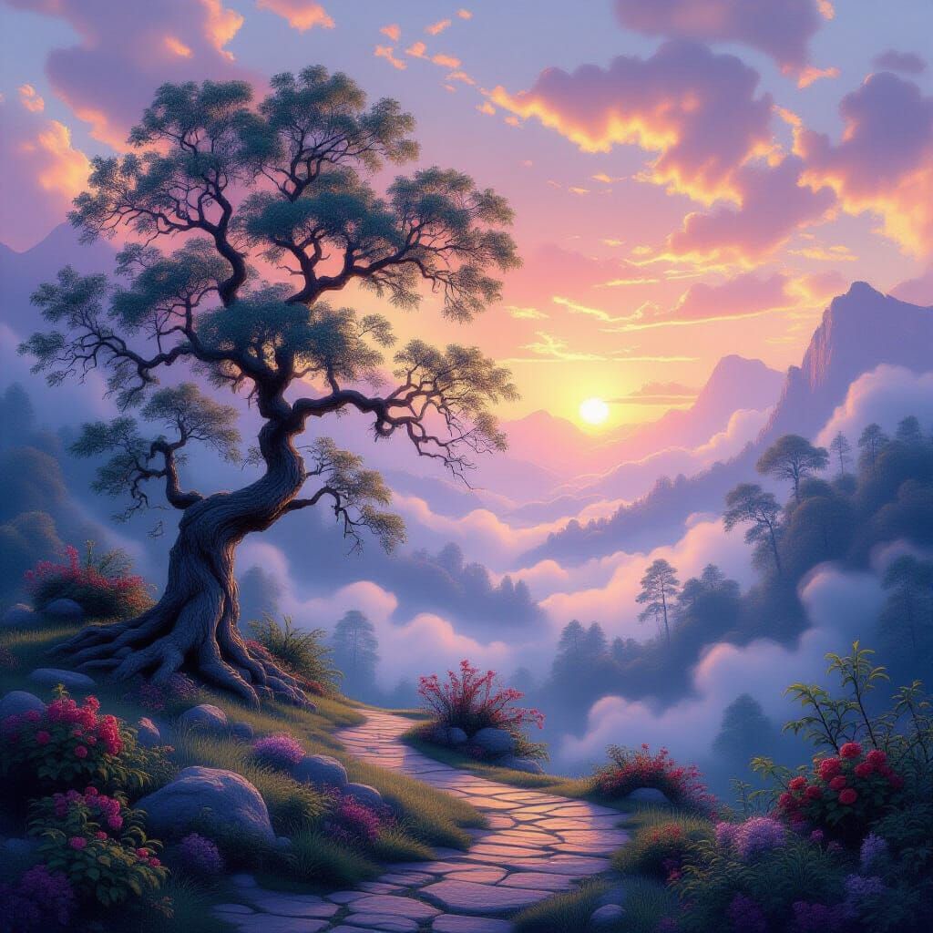Ethereal Fantasy Landscape at Sunset