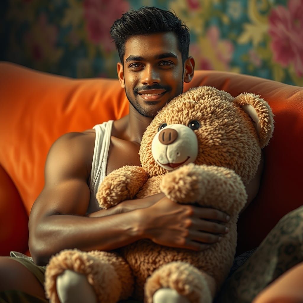 Handsome Man Hugging Teddy Bear: Hyperrealistic Digital Art