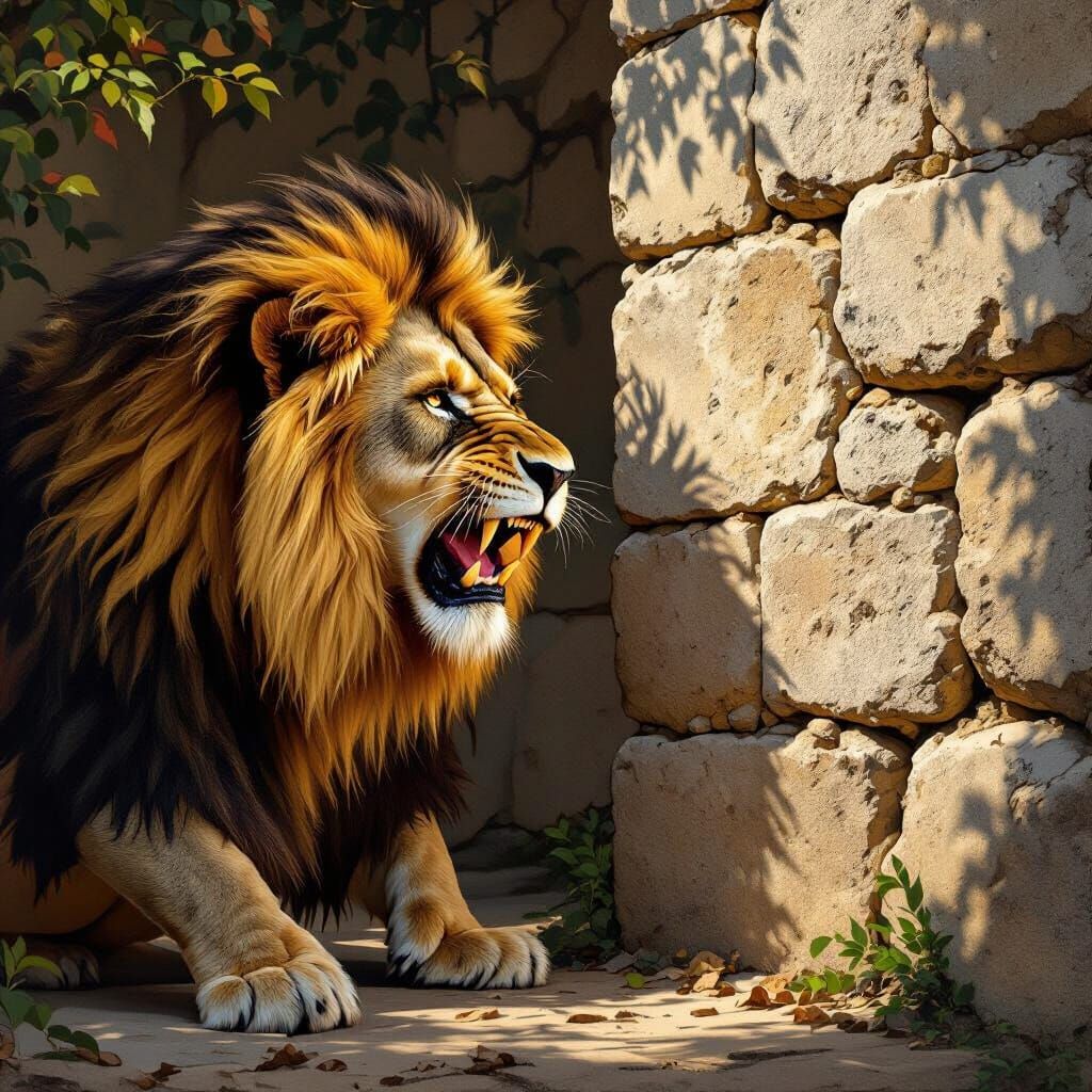 Lion Snarling at Stone Wall in Baroque Style