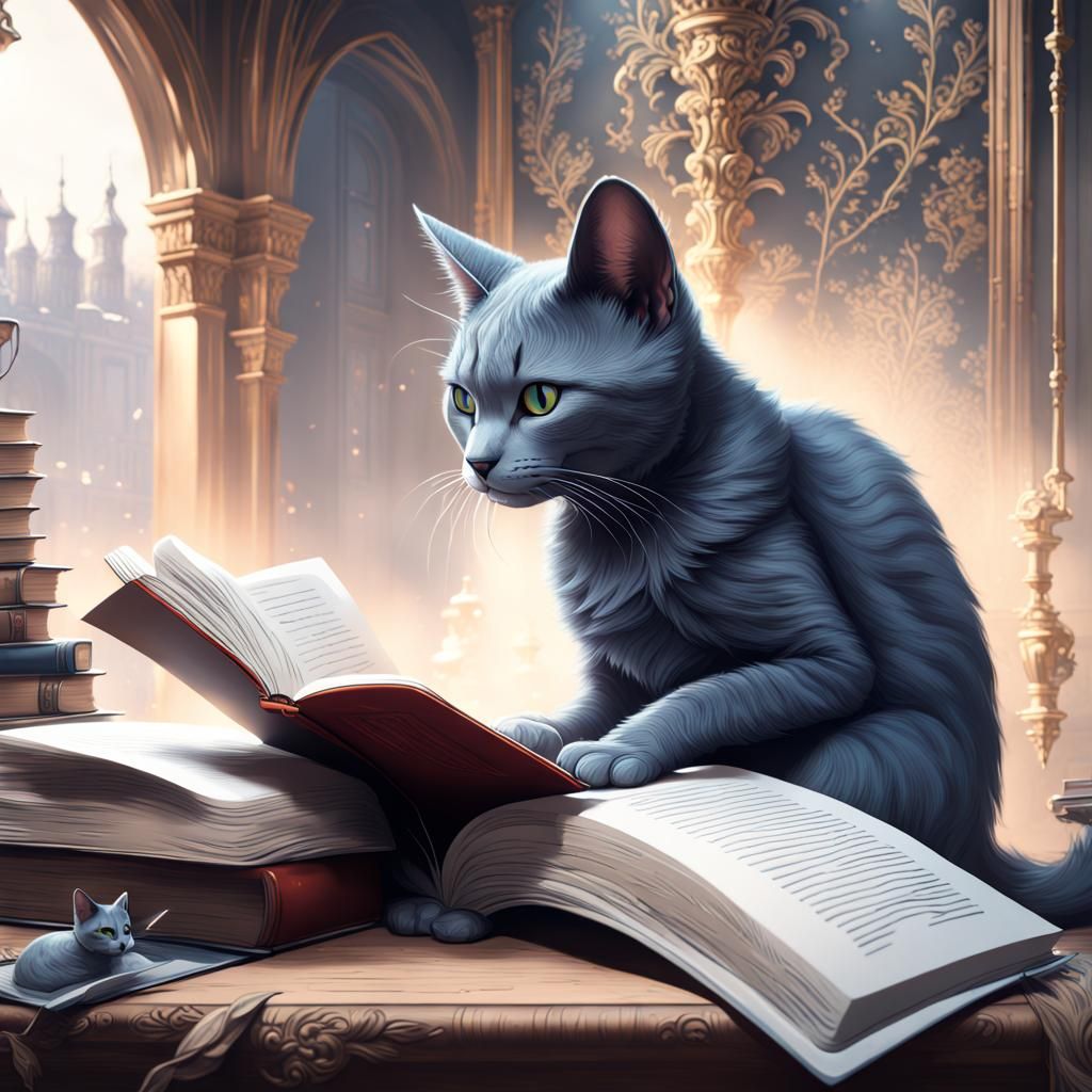 Russian Blue Cat Reading: Detailed Matte Painting
