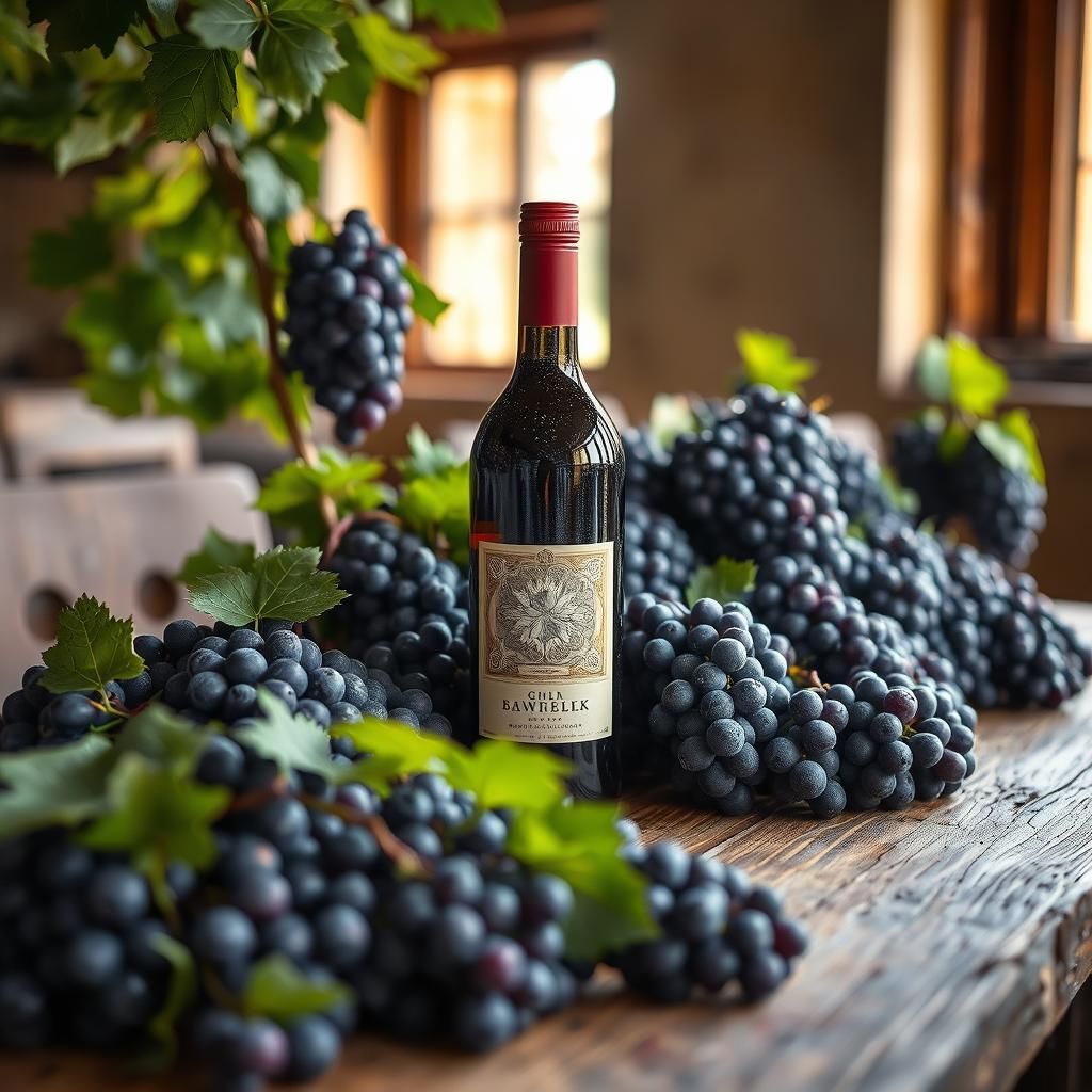 Wine Bottle Still Life with Grapes and Soft Lighting