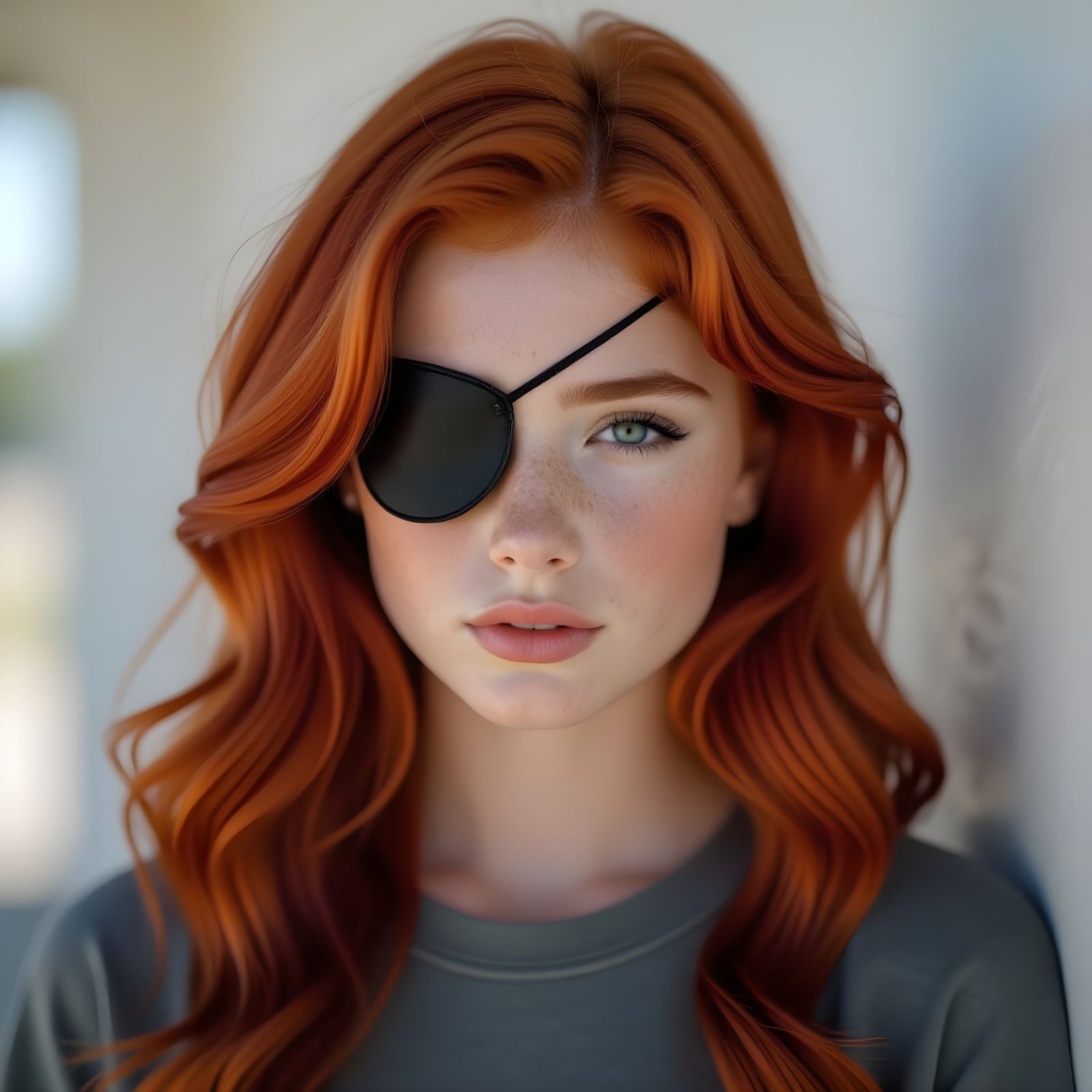 Redhead Teen with One Blind Lens in Cinematic Film Still