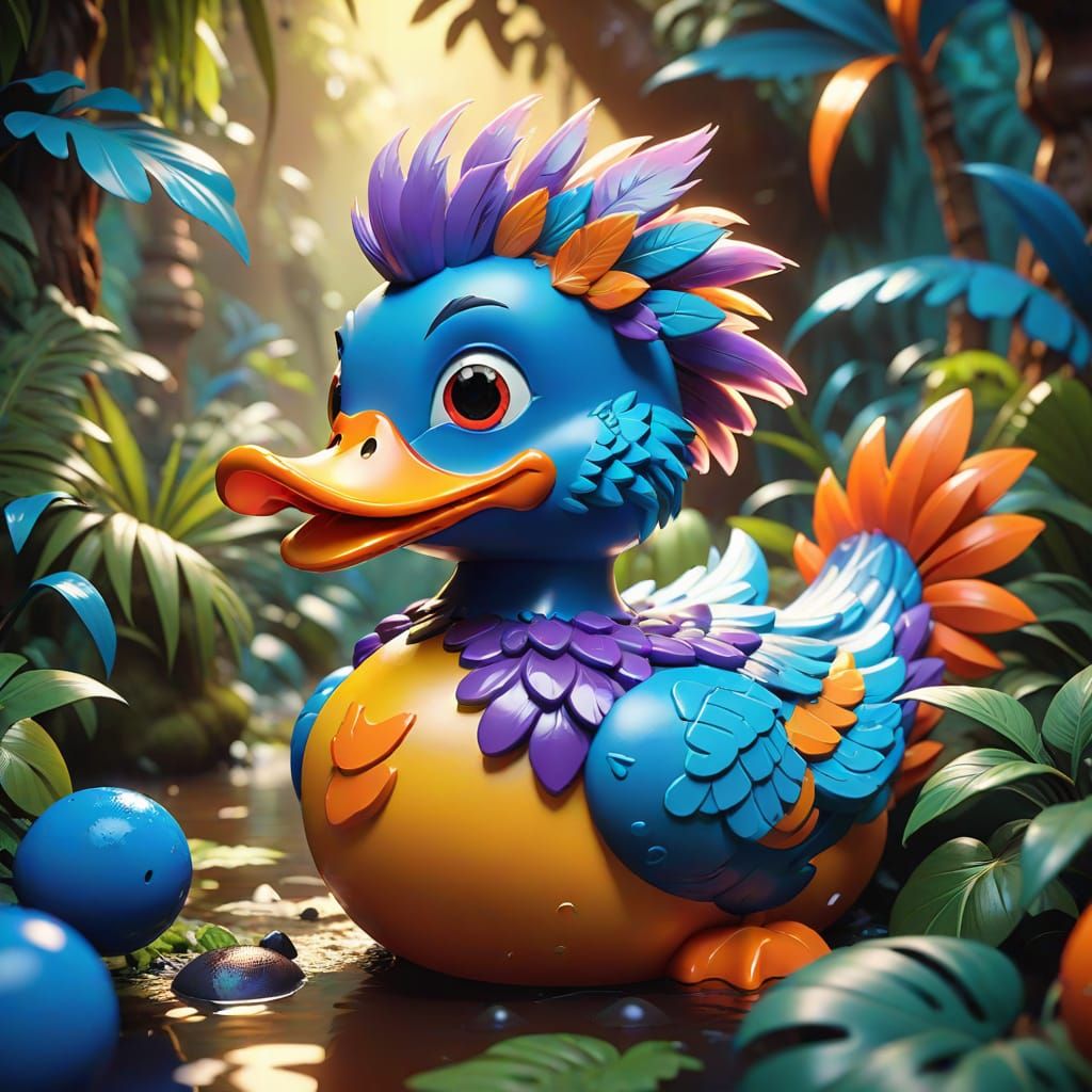 Vibrant Jungle Adventure of a Super Fluffy Rubber Duck