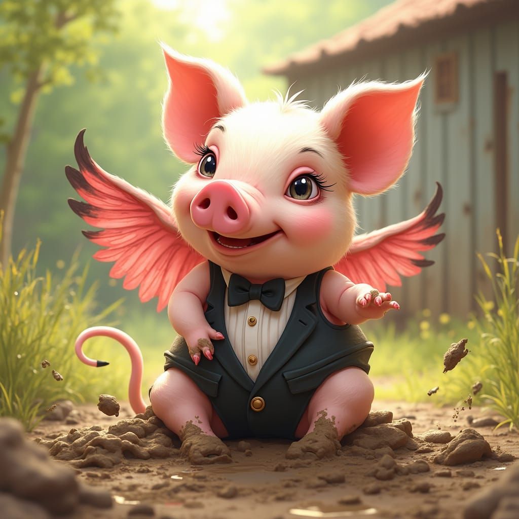 Whimsical Pink Piglet with Flamingo Wings in Mud