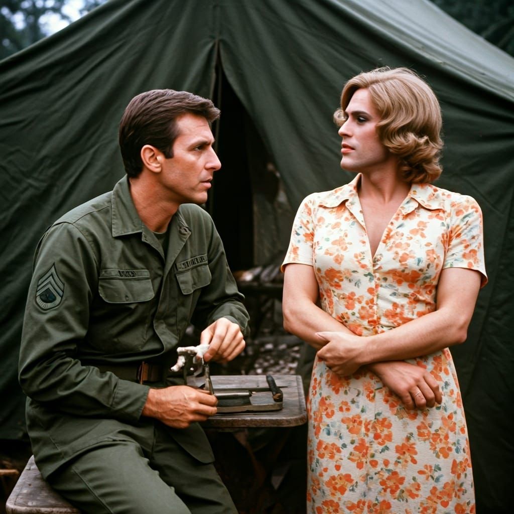 M*A*S*H, an Army tent in Vietnam with Alan Alda as Hawkeye Pierce and male Jamie Farr crossdressing in a flowered dress ...