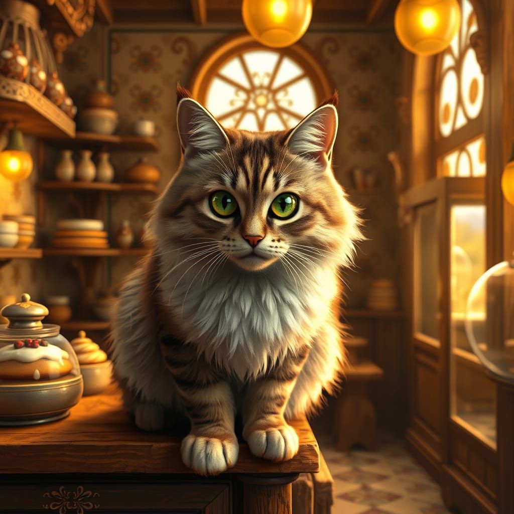 Majestic Cat Surrounded by Whimsical Bakery Delights