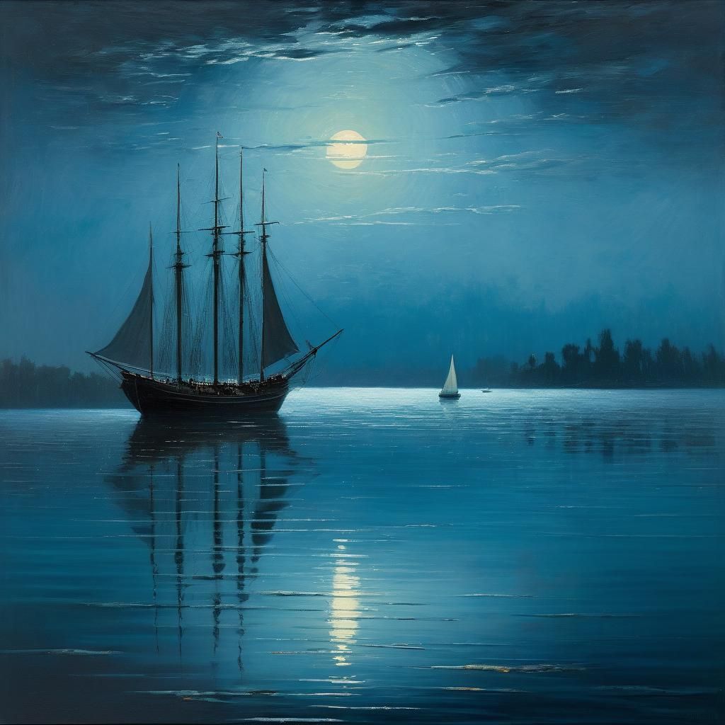 Ghostly Ship on Dark Lake: Symbolist Painting