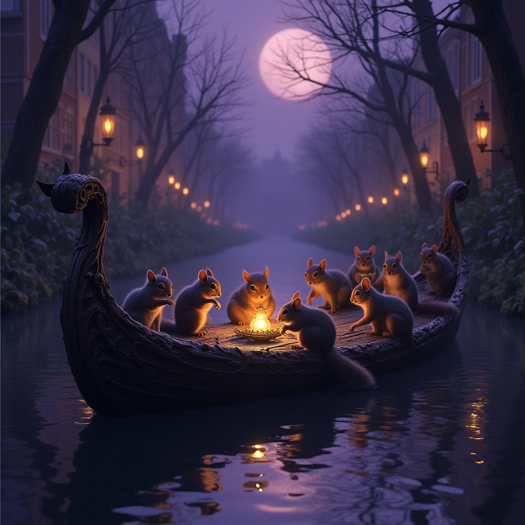 Mystical Squirrel Ritual on Moonlit Canal Boat
