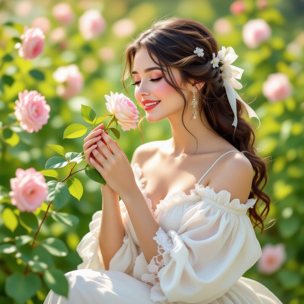 Beautiful Woman Smelling a Rose in a Glowing Garden
