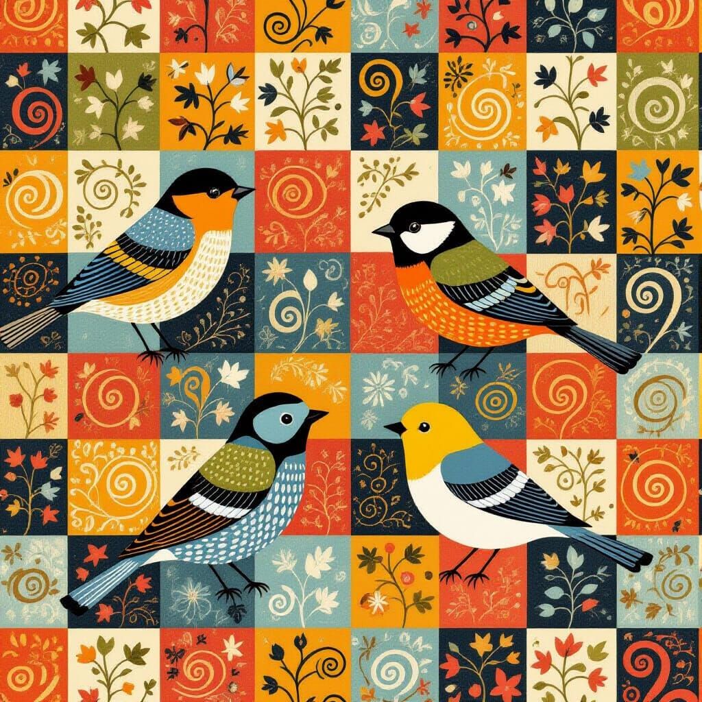 Whimsical Birds in Colorful Abstract Landscape