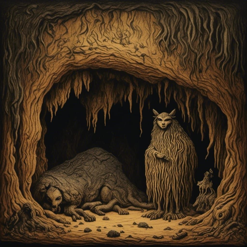 Prehistoric Woman Painting Her Cave in Comic Style