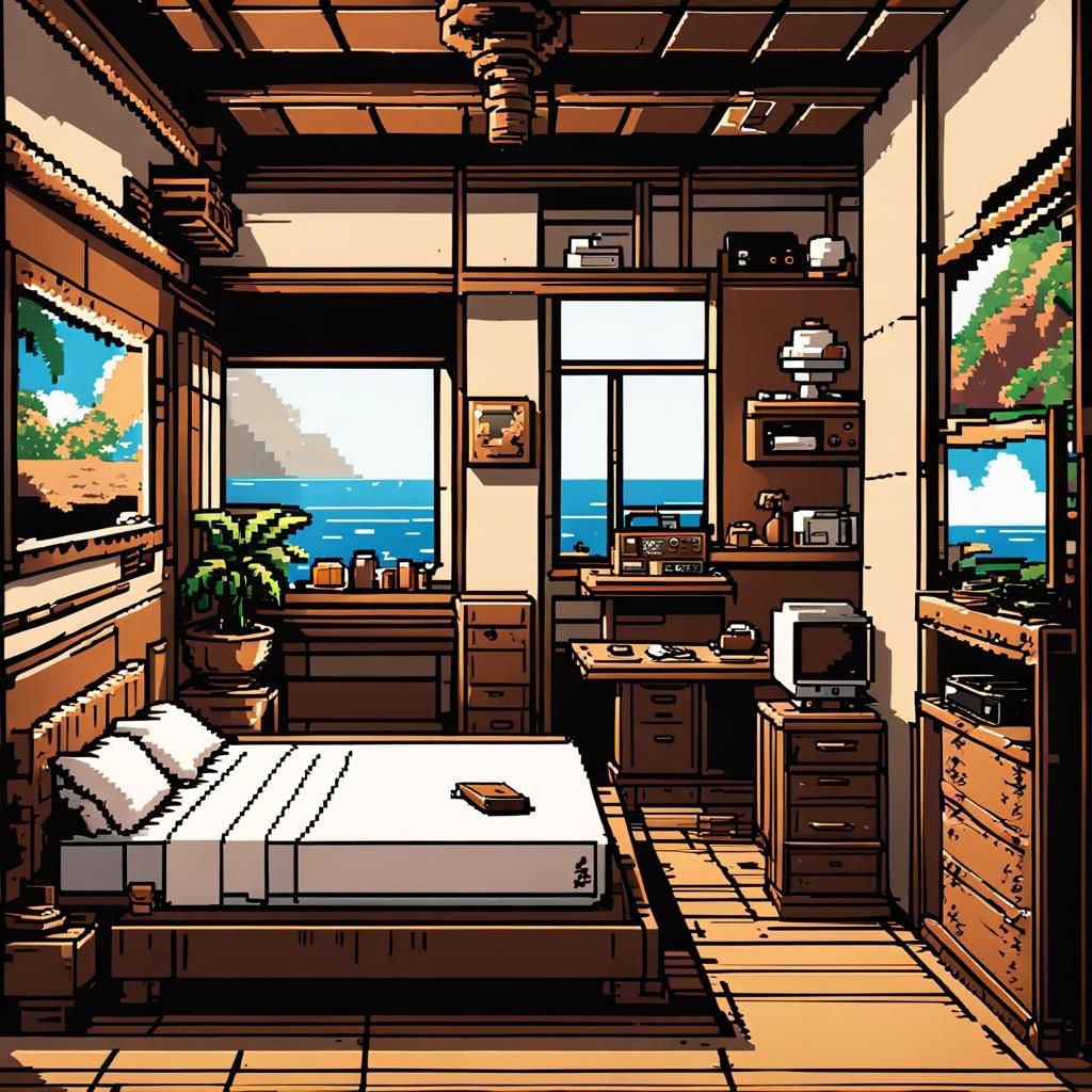 8-Bit Pixel Pirate Bedroom in Hawaii, Anime Style