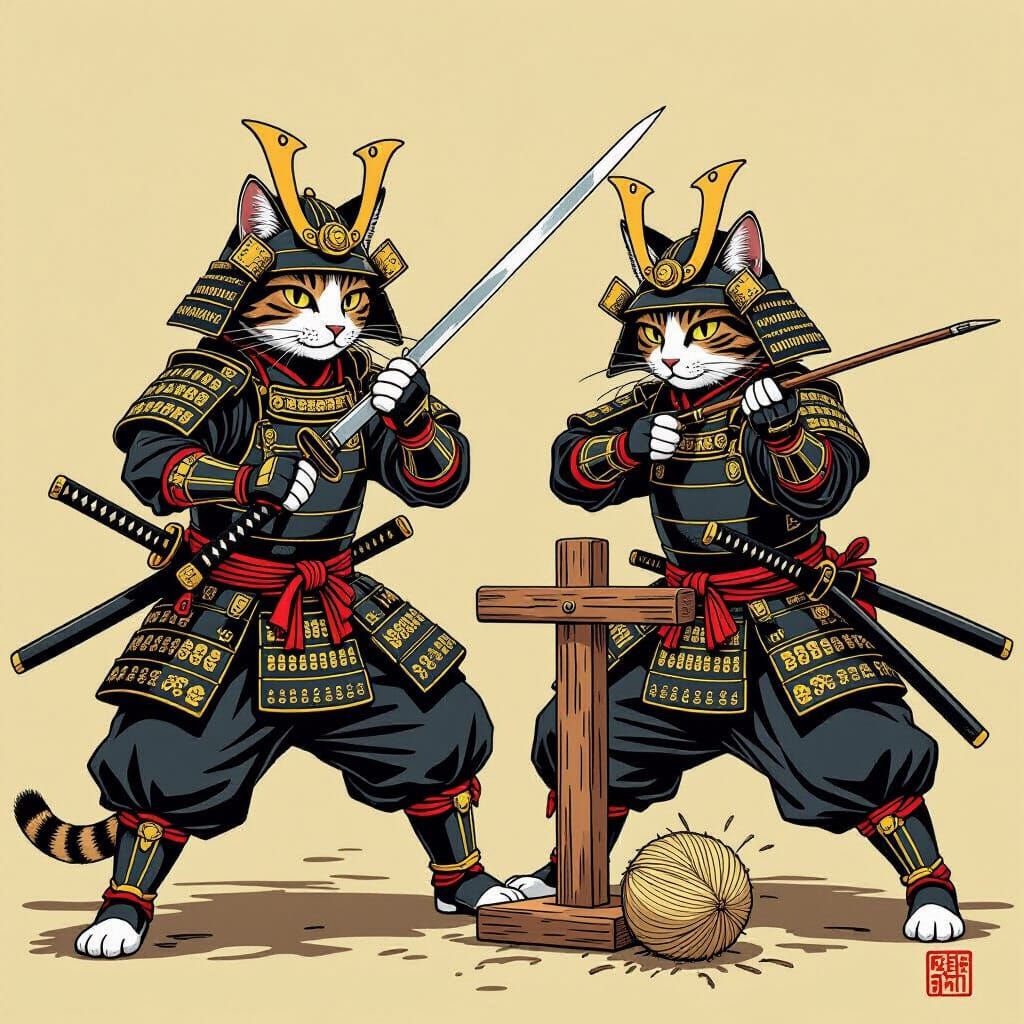 Samurai Cats Training in Ukiyo-e Style